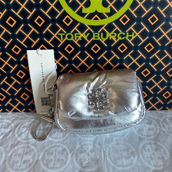 Tory Burch Britten Metallic Nylon Puffy Card Case Silver - Picture 1 of 8